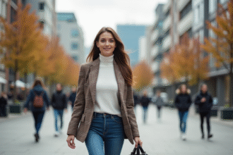 Femme élégante marche dans une place urbaine en automne