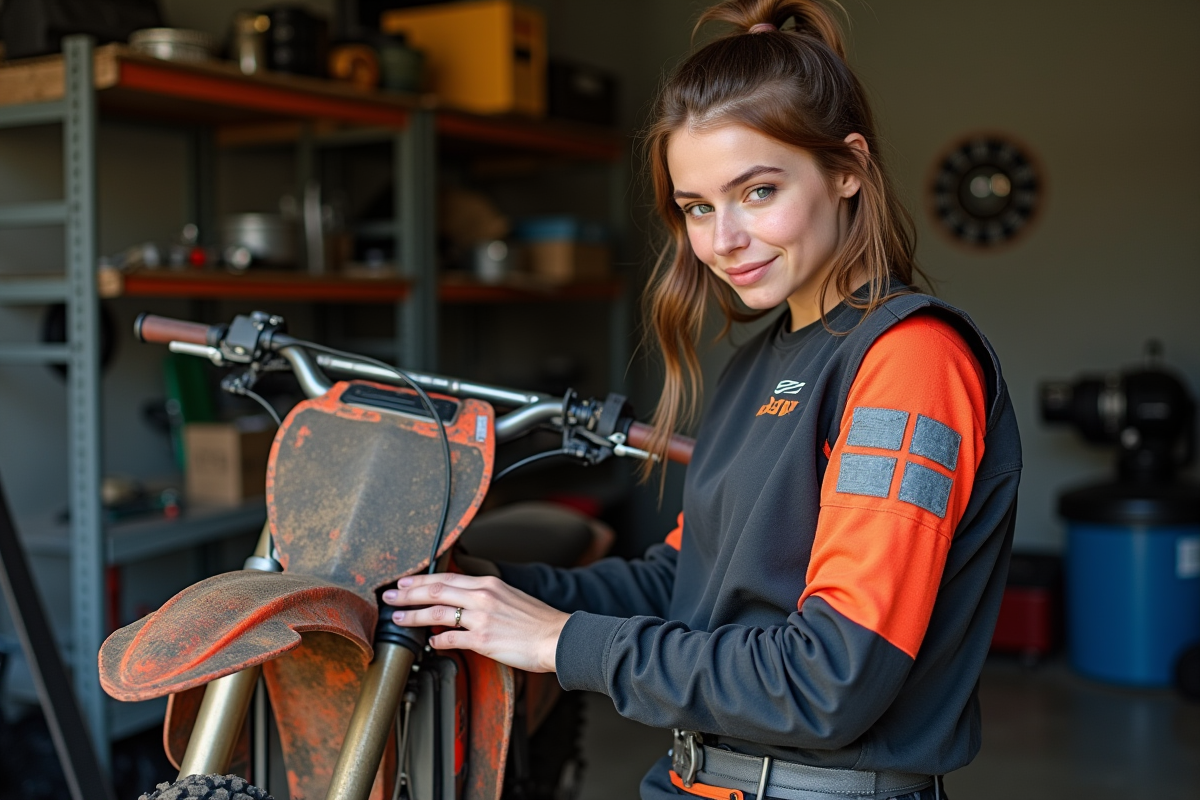 Femme nettoyant une moto tout-terrain dans un garage