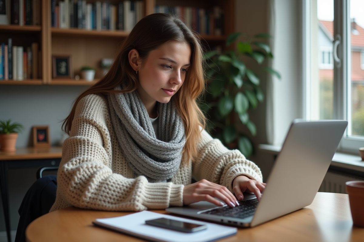 Jeune femme compare des annonces de pièces auto sur son ordinateur