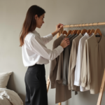 Femme organisant une garde-robe minimaliste dans une chambre