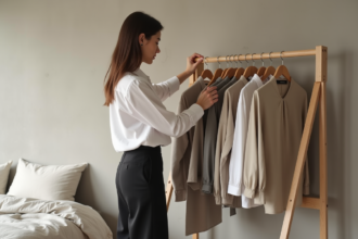 Femme organisant une garde-robe minimaliste dans une chambre