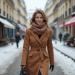 Femme élégante en manteau camel dans la rue parisienne enneigee
