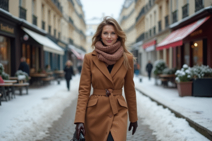 Femme élégante en manteau camel dans la rue parisienne enneigee