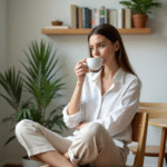 Jeune femme française sirotant un café dans un appartement moderne