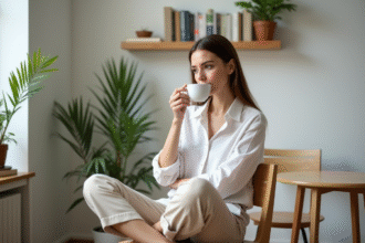 Jeune femme française sirotant un café dans un appartement moderne