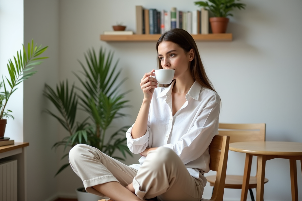 Jeune femme française sirotant un café dans un appartement moderne