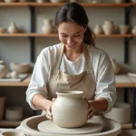 Femme potière façonnant un grand vase dans un atelier moderne