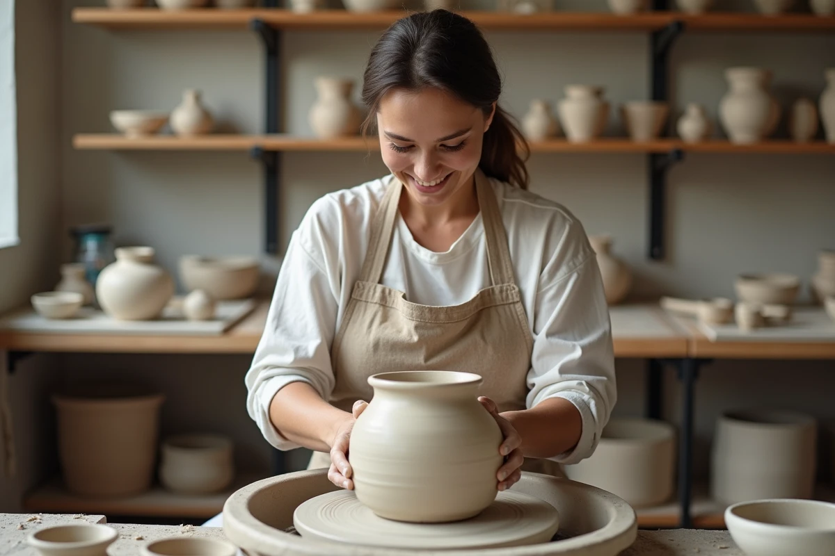 Femme potière façonnant un grand vase dans un atelier moderne