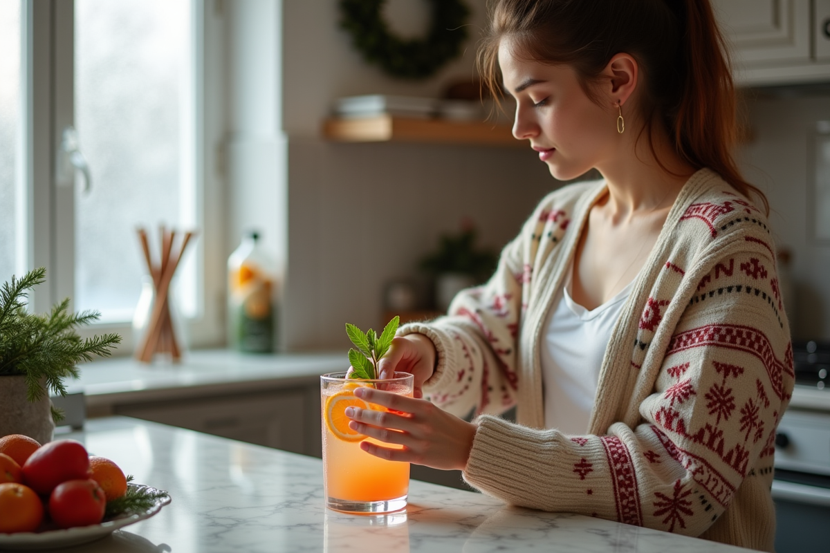 Jeune femme préparant un cocktail de Noël dans la cuisine