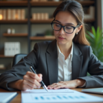Jeune femme d'affaires examine documents de prêt immobilier