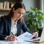Femme professionnelle examine documents de prêt immobilier