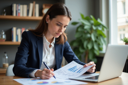 Femme professionnelle examine documents de prêt immobilier