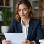Femme professionnelle en blazer bleu examine une lettre d'appel