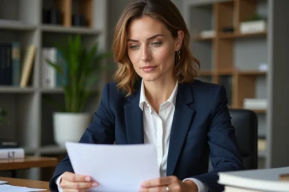 Femme professionnelle en blazer bleu examine une lettre d'appel