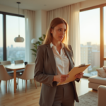 Jeune femme professionnelle en appartement lumineux