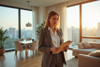 Jeune femme professionnelle en appartement lumineux