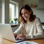 Femme souriante cherchant des annonces immobilières à la maison