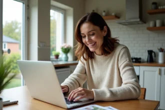 Femme souriante cherchant des annonces immobilières à la maison