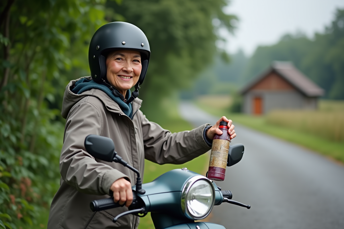 Femme remplissant un scooter avec une bouteille de carburant