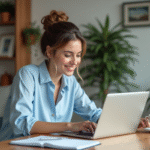 Jeune femme souriante vérifiant des devis d'assurance à la maison