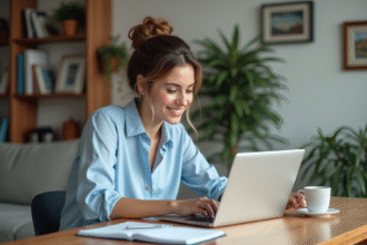 Jeune femme souriante vérifiant des devis d'assurance à la maison