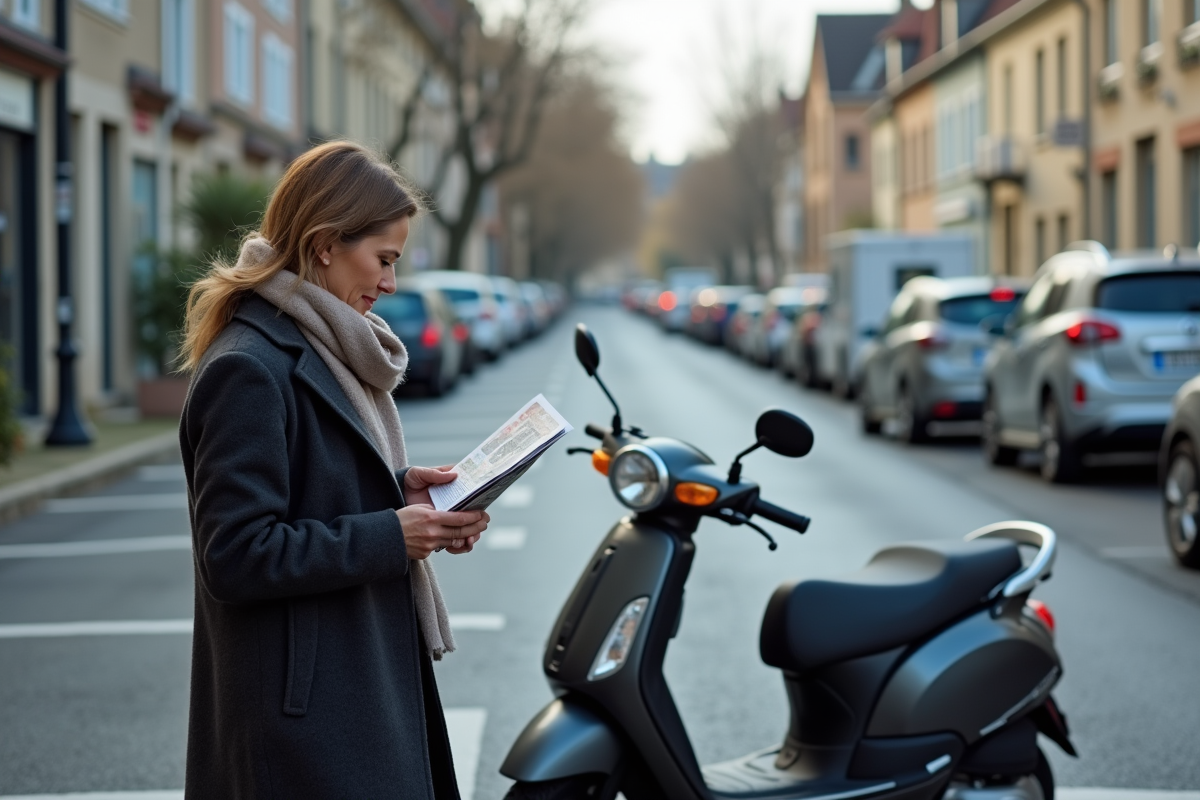 Femme lisant une brochure près de deux scooters 125cc en parking