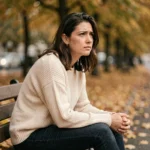 Femme pensive assise seule dans un parc en automne, illustrant la séparation et le questionnement intérieur de la flamme jumelle