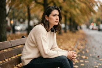 Femme pensive assise seule dans un parc en automne, illustrant la séparation et le questionnement intérieur de la flamme jumelle