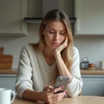 Femme assise à la cuisine regarde son smartphone