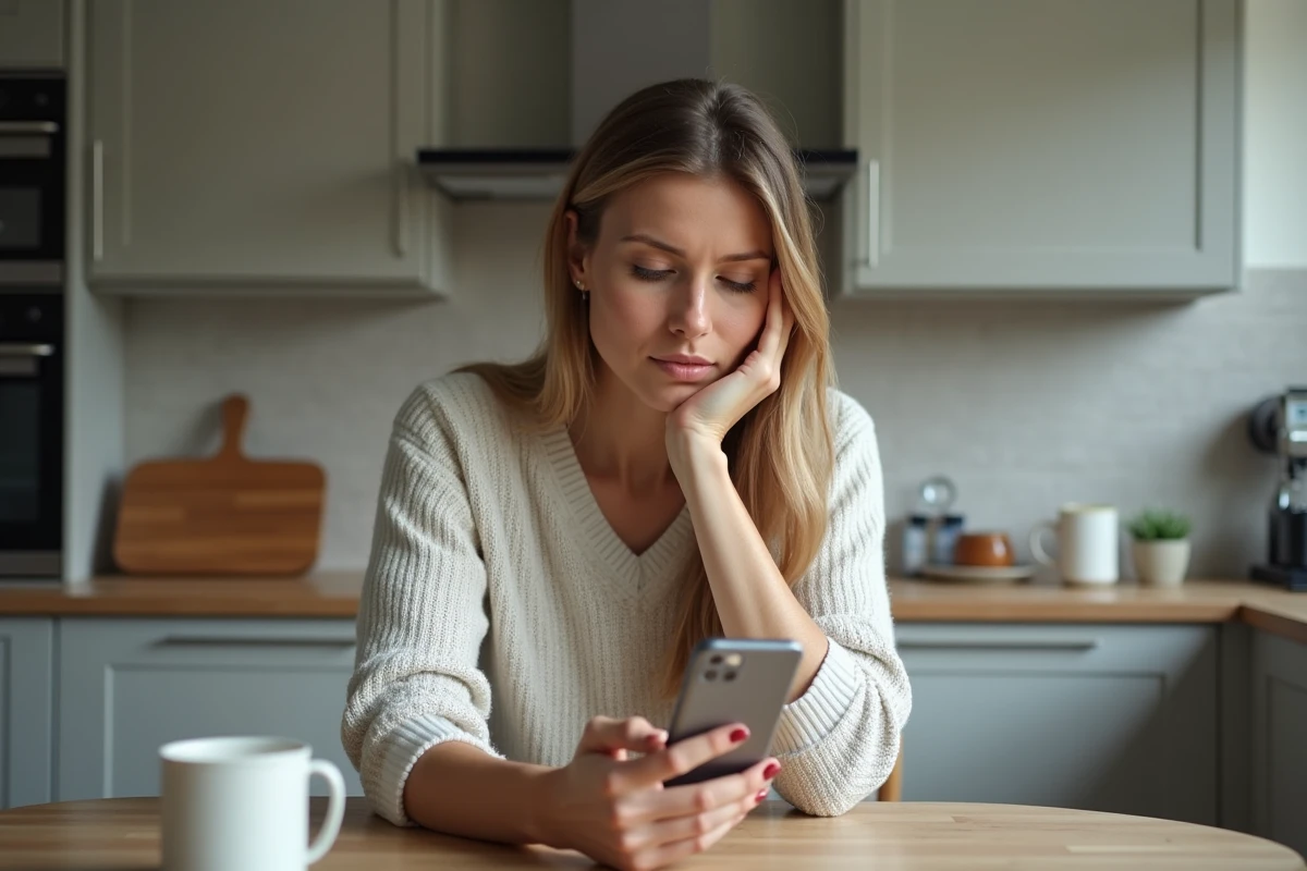 Femme assise à la cuisine regarde son smartphone