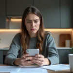 Jeune femme inquiète regardant son smartphone dans la cuisine