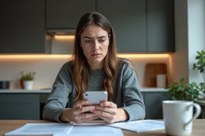 Jeune femme inquiète regardant son smartphone dans la cuisine