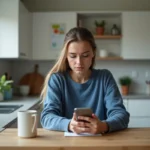 Jeune femme pensante regardant son smartphone dans la cuisine