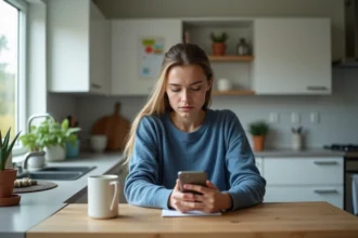 Jeune femme pensante regardant son smartphone dans la cuisine