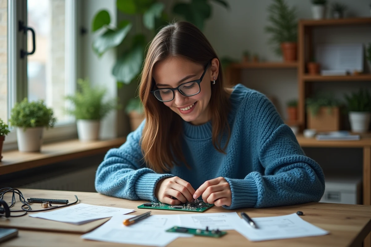Jeune femme soudant un circuit dans un bureau lumineux et accueillant