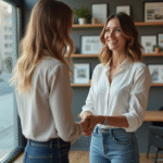 Femme souriante serrant la main d'un agent immobilier dans un bureau moderne