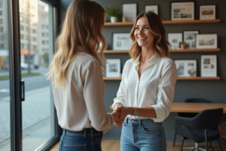 Femme souriante serrant la main d'un agent immobilier dans un bureau moderne