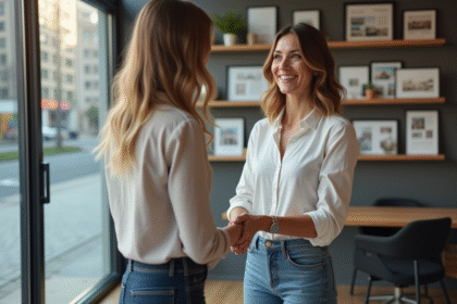 Femme souriante serrant la main d'un agent immobilier dans un bureau moderne