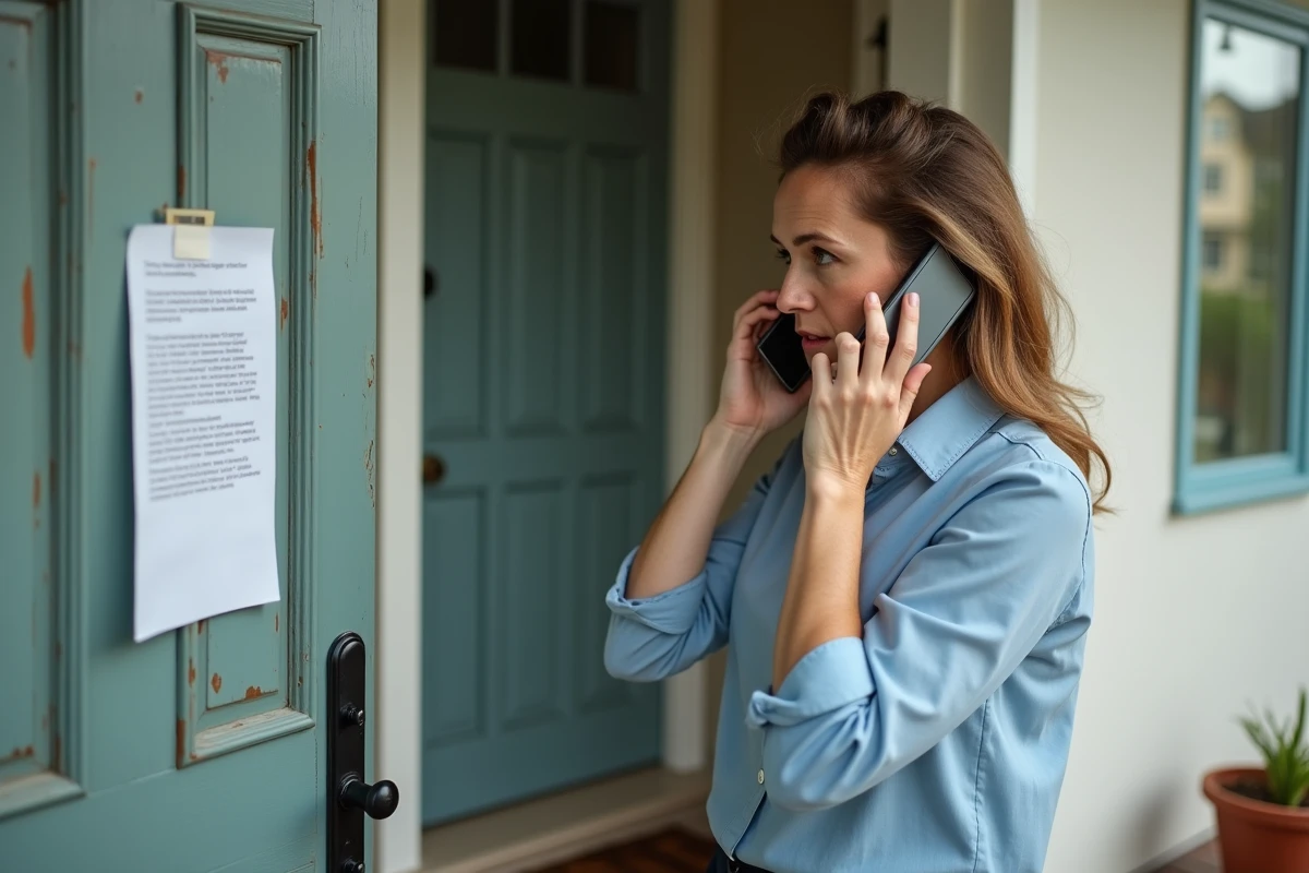 Femme au téléphone examinant un avis de livraison collé sur sa porte d'entrée