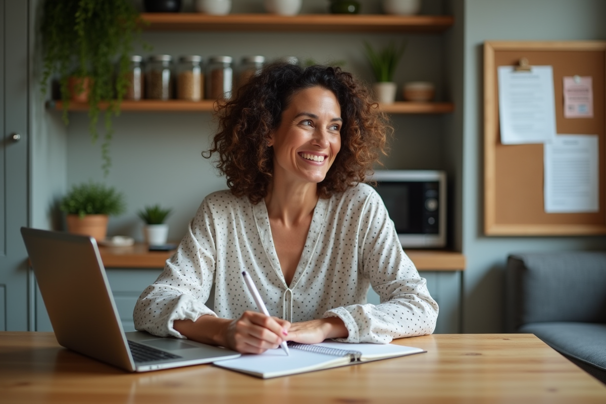 Femme réfléchissant en travaillant sur son ordinateur à la maison