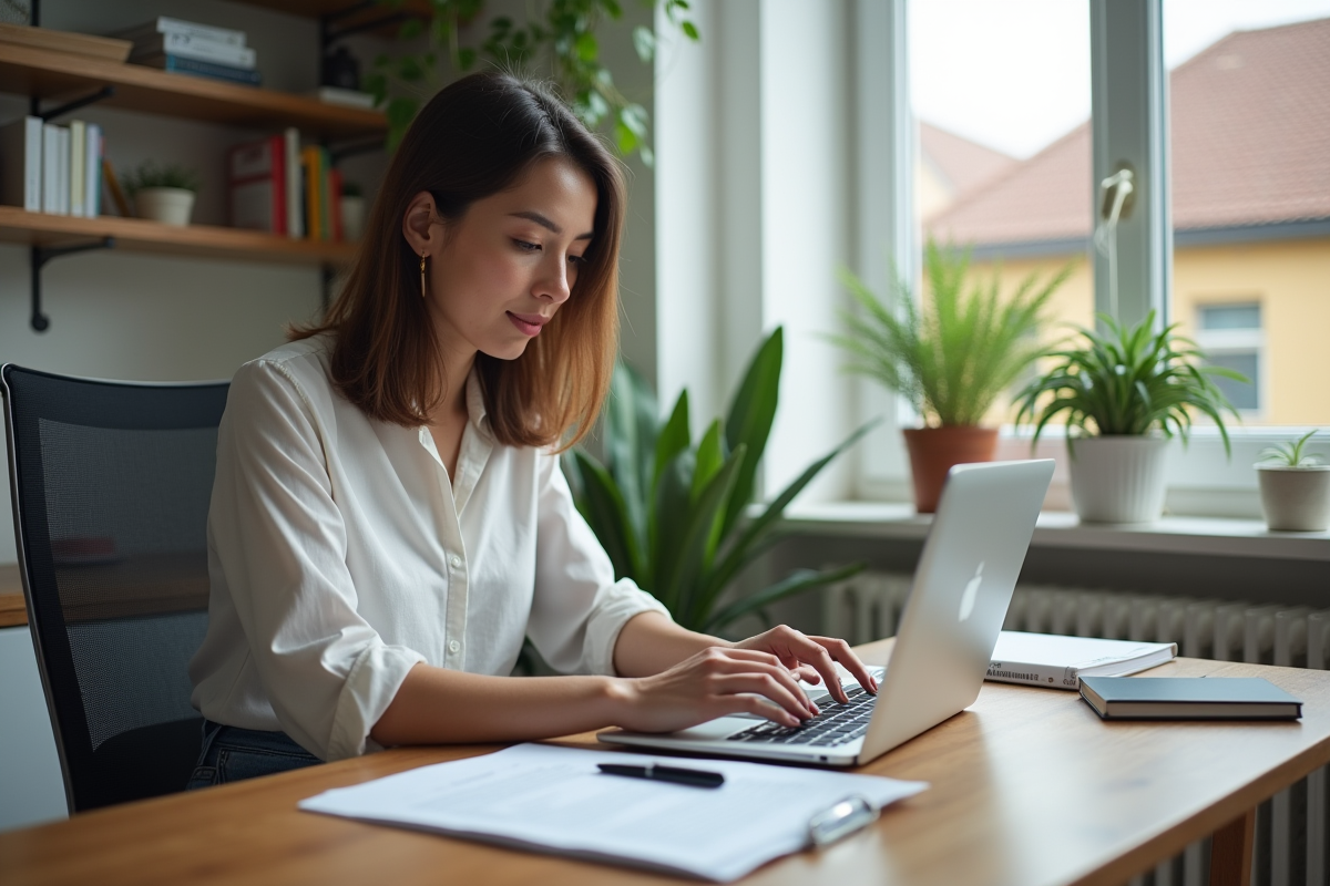 Femme assise à un bureau en train de remplir un formulaire