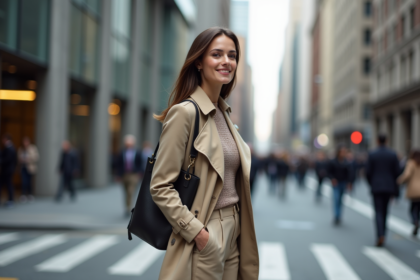 Femme élégante dans la rue urbaine avec trench et sac
