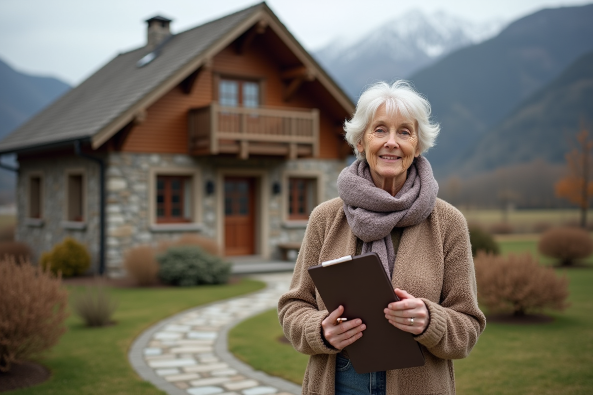 Femme retraitée devant maison de campagne en nature