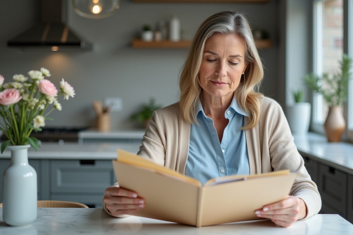 Femme vérifiant un dossier immobilier à la maison