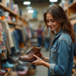 Femme souriante dans une friperie vintage en jeans