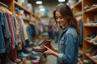 Femme souriante dans une friperie vintage en jeans