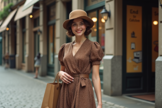 Jeune femme élégante en 1920s dans une rue animée