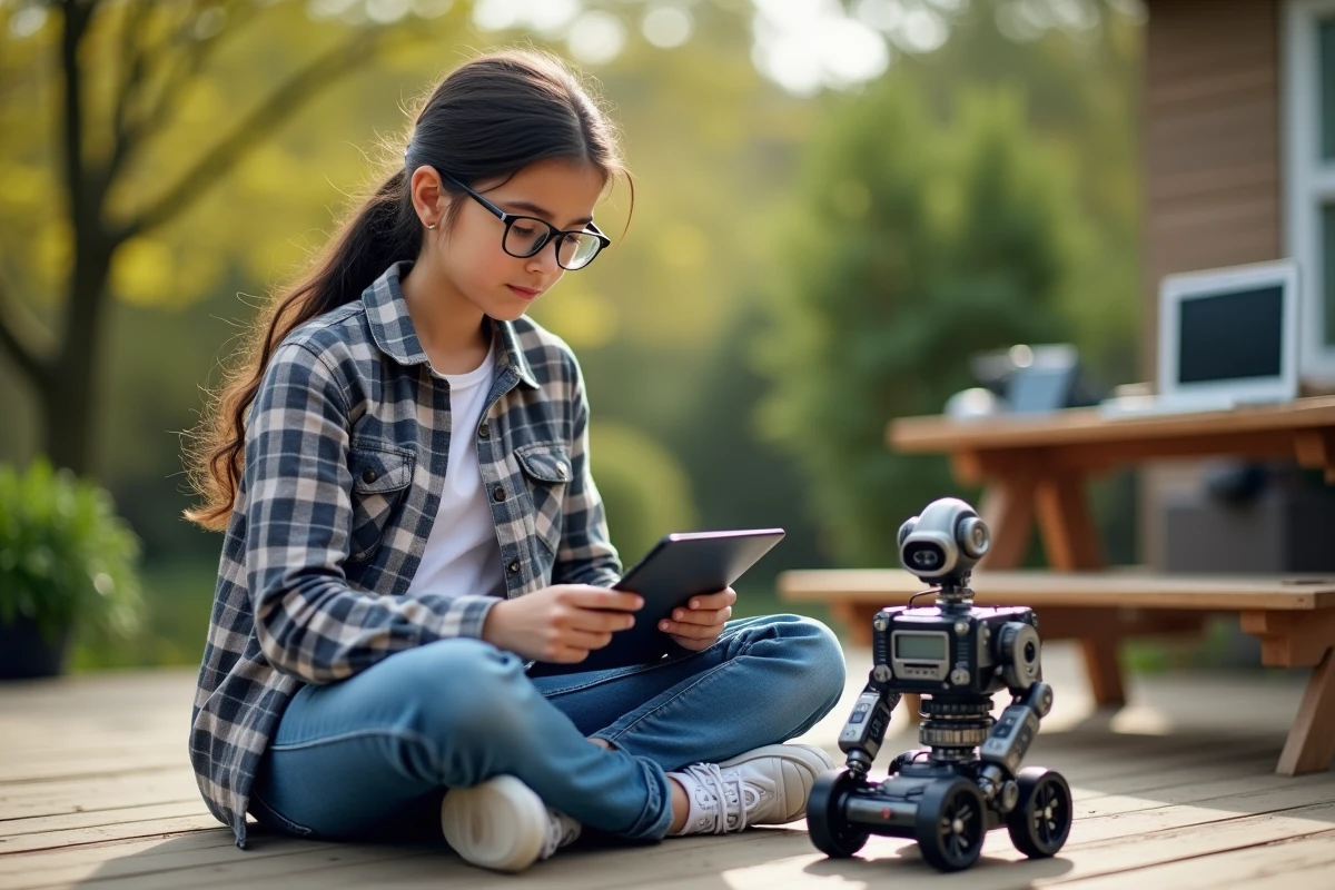 Fille programme un robot dans un jardin en extérieur