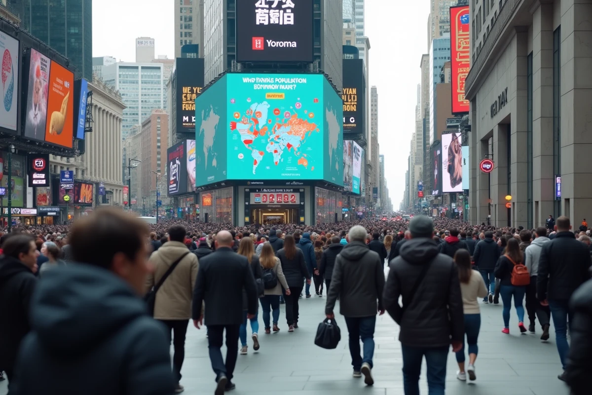 Foule diverse dans une place publique urbaine avec un panneau affichant un classement de la population mondiale par pays