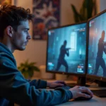 Jeune homme concentré jouant à un jeu vidéo sur un moniteur